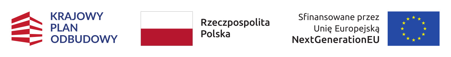 Logotypy: Krajowy Plan Odbudowy, Rzeczpospolita Polska oraz Sfinansowane przez Unię Europejską NextGenerationEU